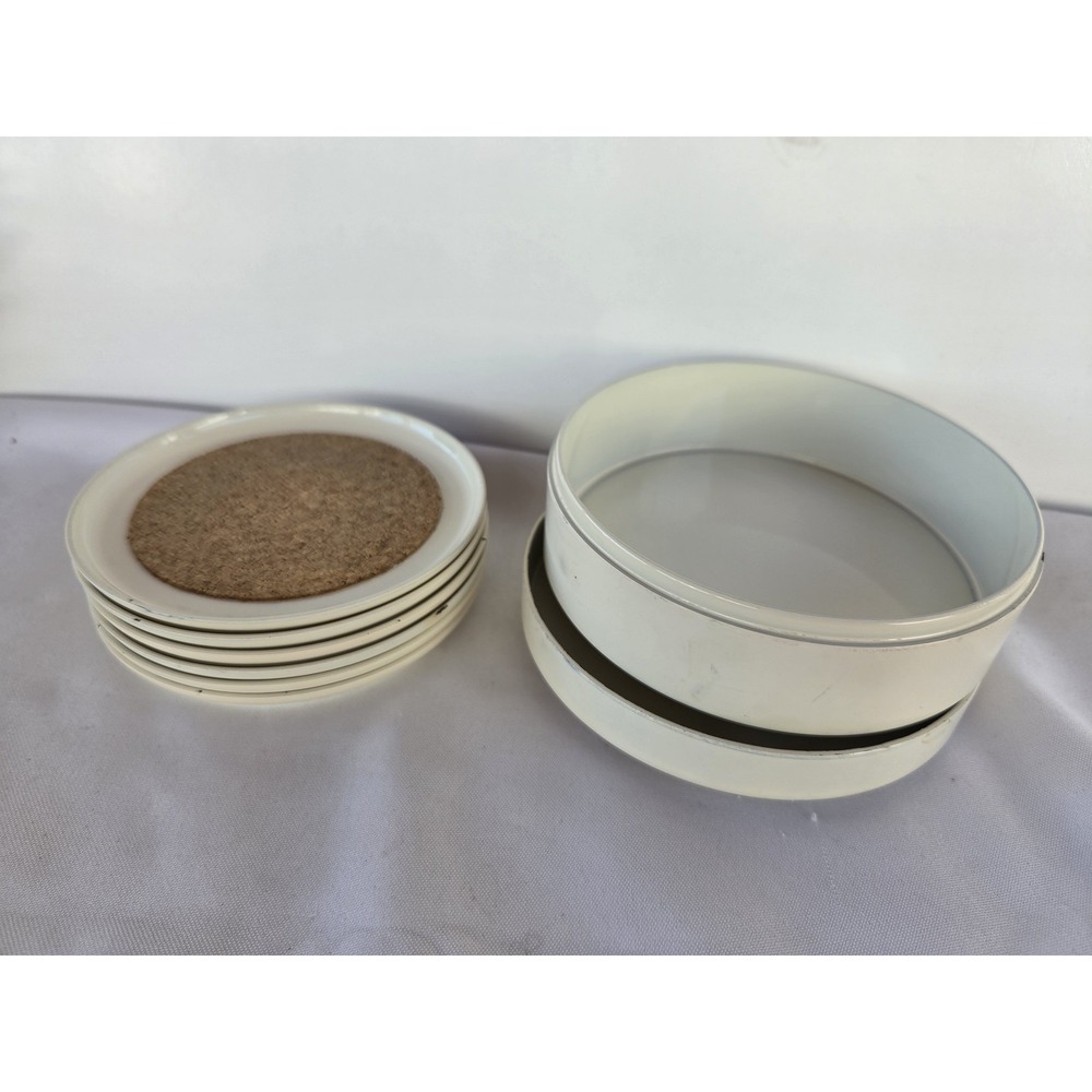 Vintage White Cork Drink Coasters Set of 6 Round Lidded Storage Holder